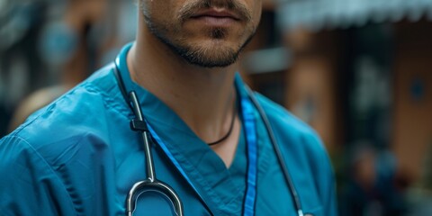 Fototapeta premium Close-Up Portrait of a Nurse in Blue Scrubs Holding a Stethoscope, Medical Professionalism and Care Exemplified.