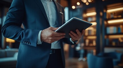 Modern Business Professional Accessing Cloud Storage on Tablet in Well-Lit Office Environment