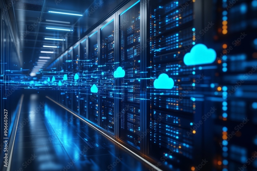 Poster futuristic data center with cloud storage icons and data flow graphics in realistic photography with