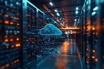 Futuristic Data Center with Cloud Storage Icons and Data Flow Graphics