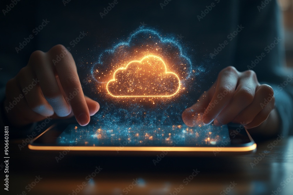 Poster modern technology concept: person using tablet for cloud storage access with digital cloud icon over
