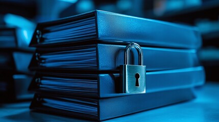 Stack of office folders secured with a lock, symbolizing data privacy and information security, with blue background and folders in the backdrop.
