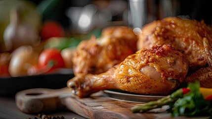Naklejka premium Deliciously roasted chicken leg quarters served on a wooden board, surrounded by fresh vegetables, perfect for a hearty meal.