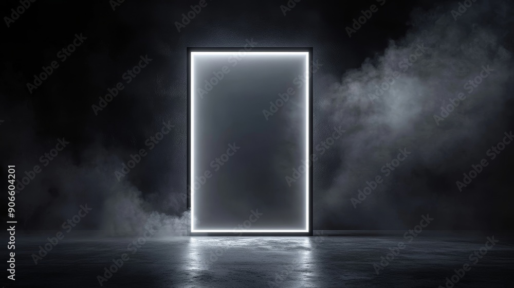 Poster a mockup of a poster on the black wall with a backlight. lightbox template based on a 3d render.
