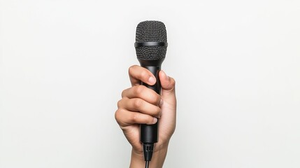 Professional Hand Holding Microphone for Public Speaking on White Background, Generative Ai
