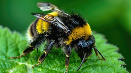 A yellow and black bee is on a leaf. The bee is looking down at the camera. The image has a calm and peaceful mood