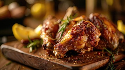 Delicious roasted chicken drumsticks garnished with herbs and served on a wooden board with lemon slices.