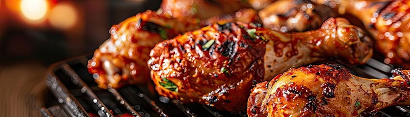Deliciously grilled chicken drumsticks on a barbecue, showcasing a crispy, flavorful exterior and vibrant herbs, perfect for summer feasts.