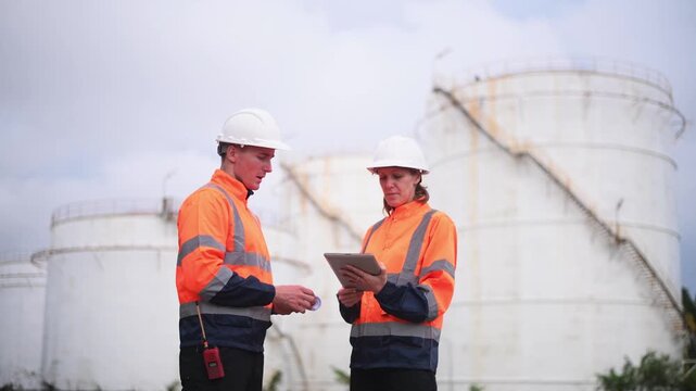 Worker wearing safety helmets and high-visibility jackets, engaged in conversation at an oil refinery with large storage tanks in the background.