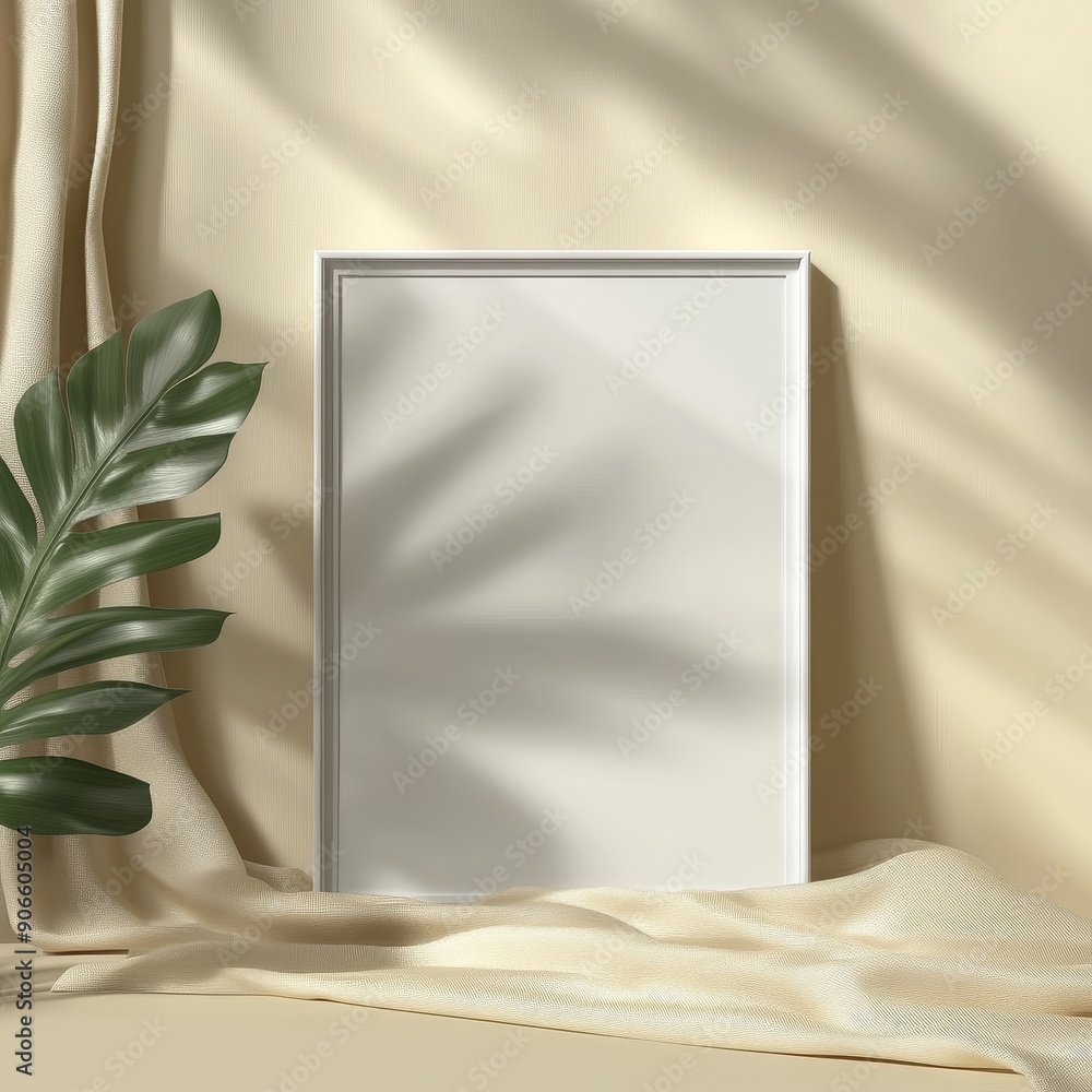 Wall mural mockup poster photo frame leaning against pastel wall on the floor with leaves in shadows