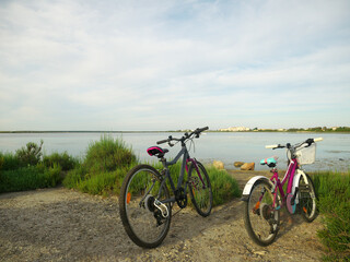 Obraz premium Closeup shot of parked bicycles near a lakeside