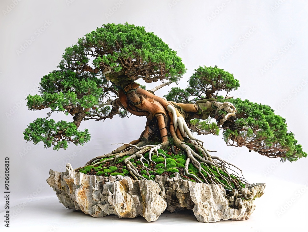 Poster a centered bonsai tree with a root-over-rock shape, displayed on a white background to highlight its