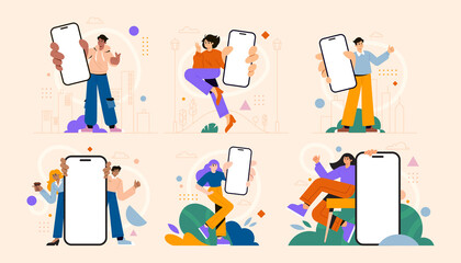 Characters with mobile mockup mini compositions set