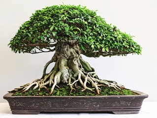 A bonsai tree with an exposed root shape, centrally positioned on a white background, highlighting its striking and unique root formation
