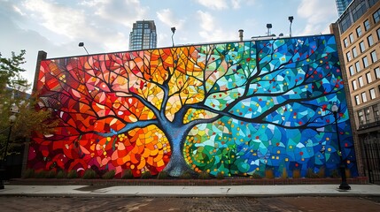 Fototapeta premium A colorful tree mural on a building