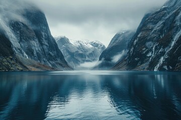 A beautiful mountain range with a lake in the middle. The sky is cloudy and the mountains are covered in snow