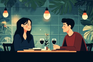 Virtual Dinner Date Collaboration in Minimalist Flat Illustration Style