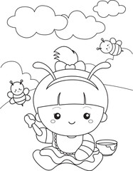 Cute Babies with Bee Costume Animal Cartoon Coloring Activity for Kids and Adult