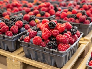Close-up of fresh mixed berries, including raspberries, blackberries, and blueberries, displayed in trays at a market.