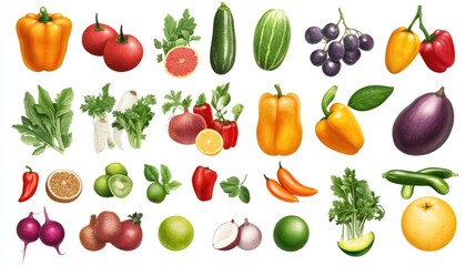 Diverse collection of vector fruits and vegetables on a white background, perfect for icons.
