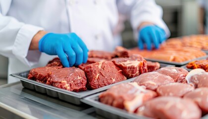 A butcher wearing blue gloves arranges fresh meat cuts on trays in a clean and organized workspace, preparing for display or packaging.
