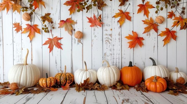 A rustic autumn display with pumpkins, colorful leaves, and wooden background, creating a cozy fall atmosphere.
