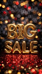 gold sale text on festive golden bokeh background with flying confetti, retail promotions, discount events and social media marketing Big sale offer