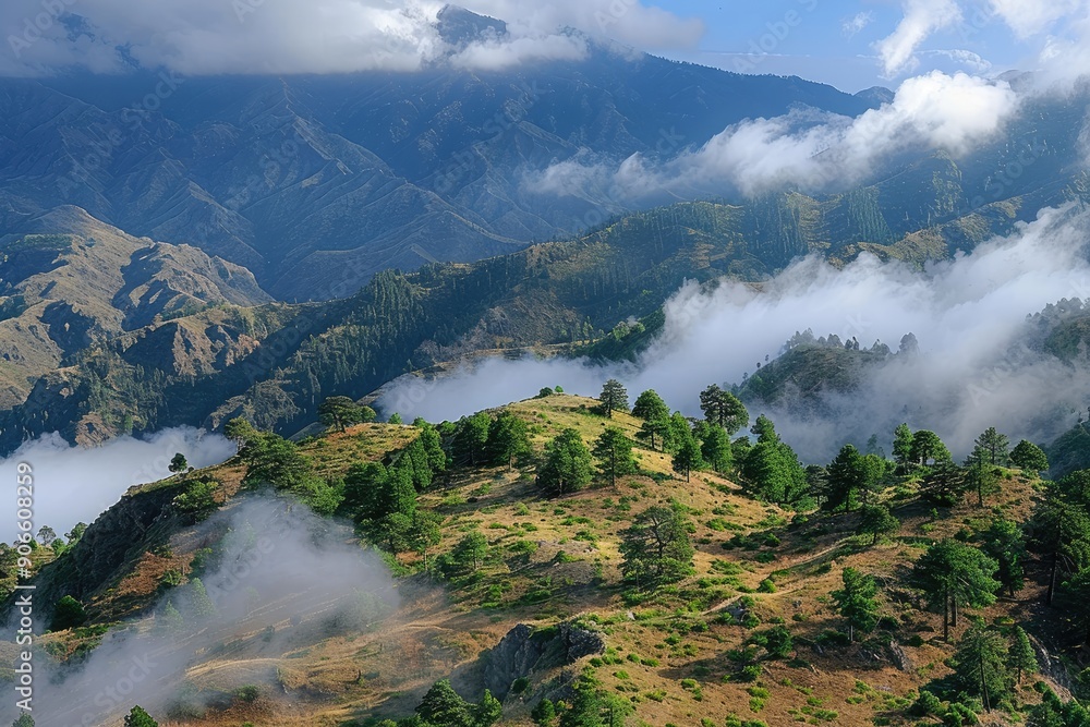 Poster a mountain range with a cloudy sky and a few trees. scene is serene and peaceful, as the clouds and 