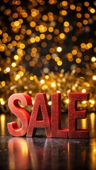 gold sale text on festive golden bokeh background with flying confetti, retail promotions, discount events and social media marketing Big sale offer