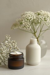 Fototapeta premium Natural beauty cosmetics with organic products displayed in a minimalist setting, emphasizing purity and the use of natural ingredients.