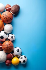 Many different sports balls on light blue background, space for text. Banner design