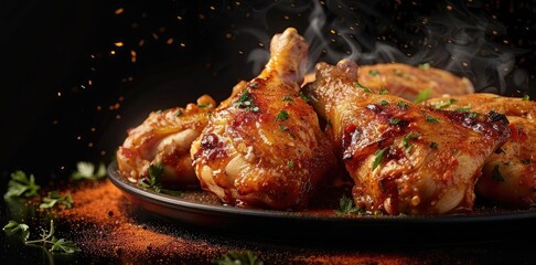 Deliciously grilled chicken leg on a dark background, garnished with herbs, steam rising, showcasing mouthwatering texture and flavor.
