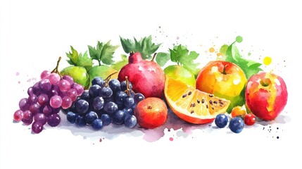 Fresh and juicy watercolor depiction of different fruits on white