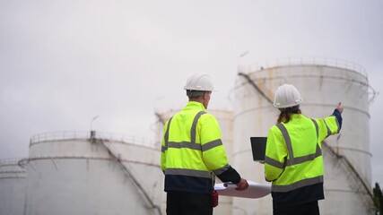 Worker wearing safety helmets and high-visibility jackets, engaged in conversation at an oil refinery with large storage tanks in the background.