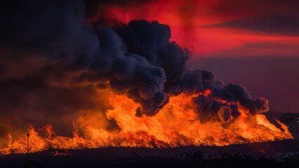 A large fire is burning in the distance with a plane flying over it, AI