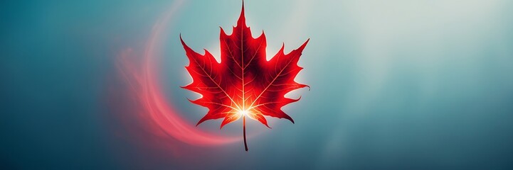 Red maple leaves fly in the wind and glow in the sunlight on an autumn background