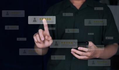 Customer review good rating concept, hand pressing user and five star icon on visual screen for...