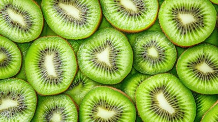 Fresh kiwi slices arranged to cover the whole background with vibrant green.