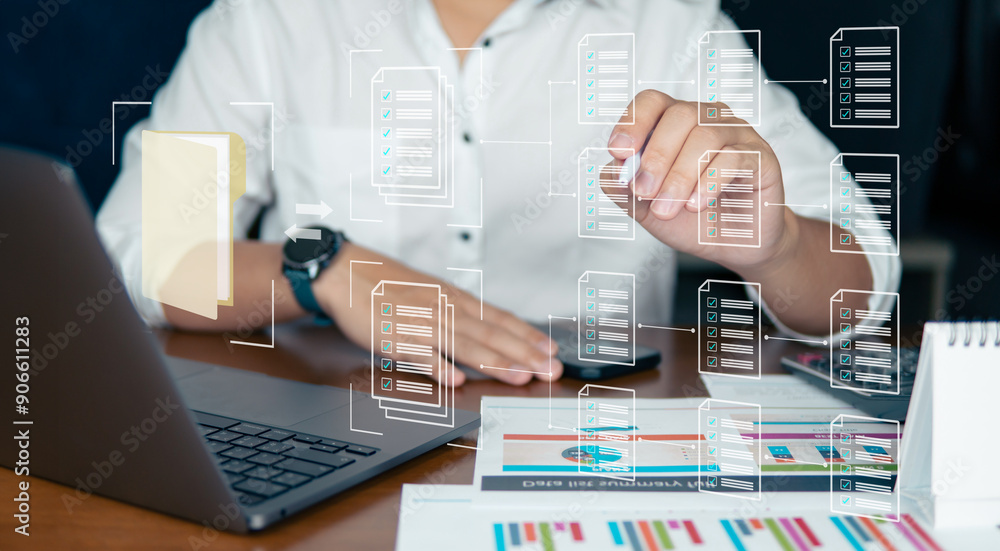 Poster electronic data file management and digital data, business analytics and data management system, fin