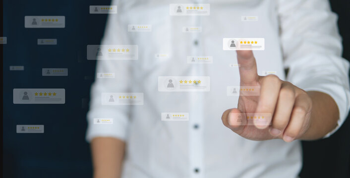 Customer review good rating concept, hand pressing user and five star icon on visual screen for positive customer feedback, testimonial and testimony, user comment and feedback for review.