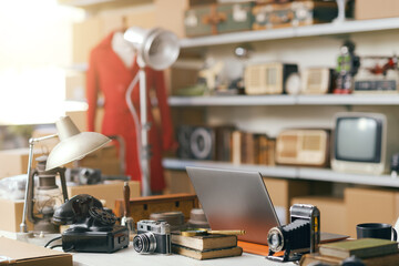 Online sale of antiques and shop interior