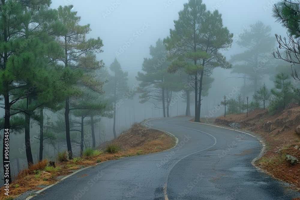 Canvas Prints a foggy forest road with trees on both sides. the road is wet and the trees are covered in mist