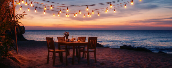 Fototapeta premium A beautiful beach where you can relax while on vacation, and a restaurant and lighting with a sunset view. Generative AI
