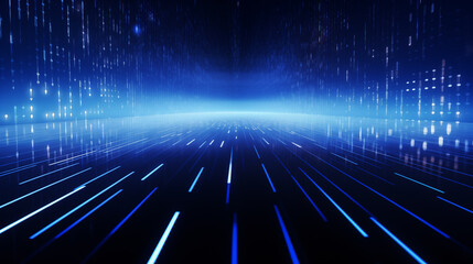 AI technology themed background binary code blue with glowing lines and stars on the horizone futuristic concept
