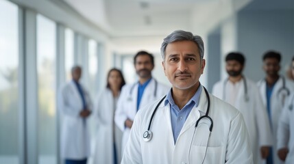 Indian male doctor standing confidently in front of a group of other doctors at a hospital, healthcare teamwork