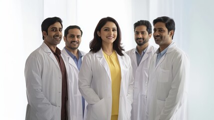 Fototapeta premium Indian female doctor standing confidently in front of a group of other doctors at a hospital, healthcare teamwork