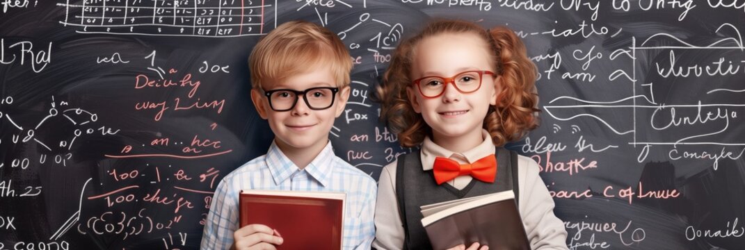 A boy and a girl schoolchild wearing glasses with books stand near a blackboard with inscriptions, by panorama, banner