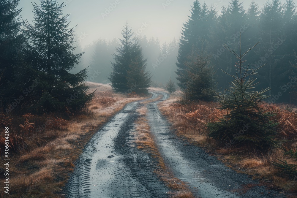 Canvas Prints a road with trees on either side and a foggy sky. the road is wet and muddy