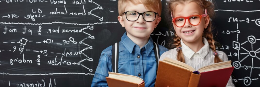 A boy and a girl schoolchild wearing glasses with books stand near a blackboard with inscriptions, by panorama, banner - Powered by Adobe