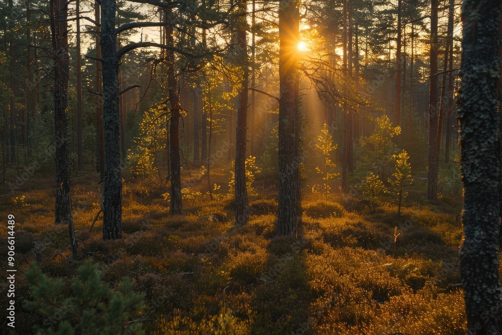 Canvas Prints a forest with trees and a sun shining through the trees. the sun is casting a warm glow on the fores
